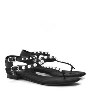 Chanel Black Lambskin Leather Pearl CC Ankle Strap Thong Flat Sandals Size 38